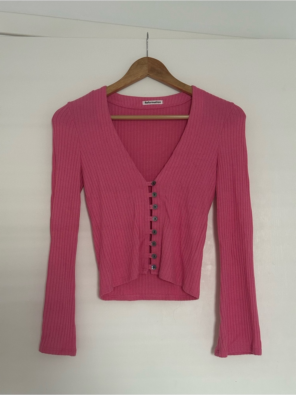 Reformation Pink Ribbed V-Neck Button-Front Long Sleeve Top